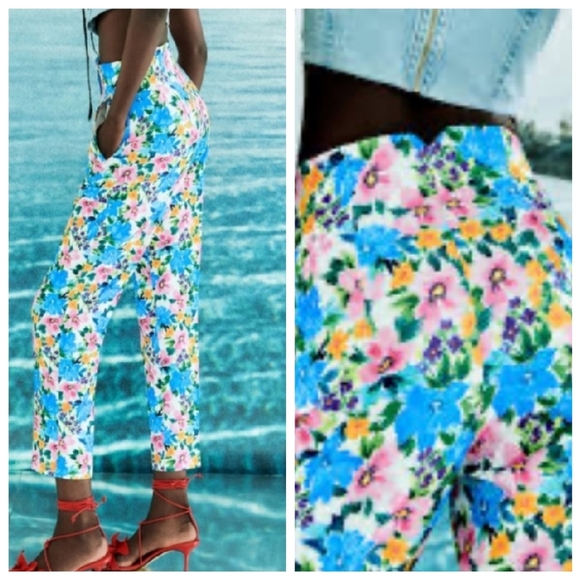 NWT Zara Highwaist Multi Floral Printed Straight Leg Pants Pockets Size Medium - Picture 5 of 16